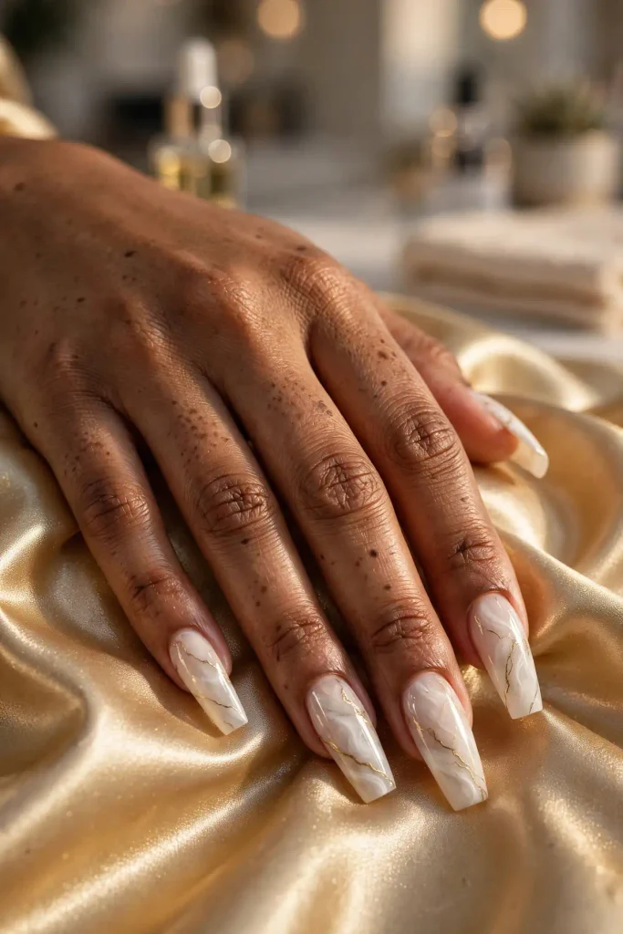 14 Nail Art Designs for Long Nails, Served as a Five-Course Menu 9 g08 marbled milk gold