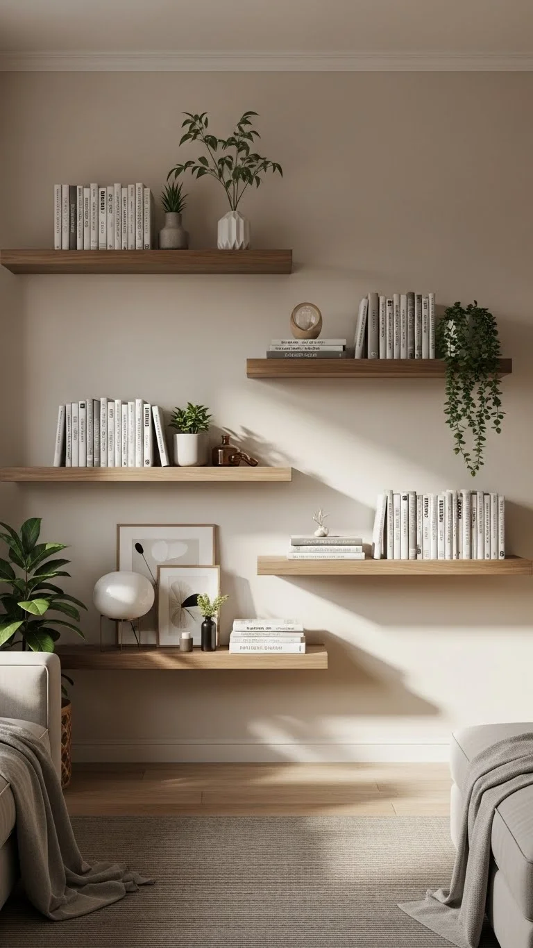 21 Built-In Living Room Shelf Ideas 2026: Transform Your Space Like a Pro 4 Asymmetric Floating Shelf Arrangements