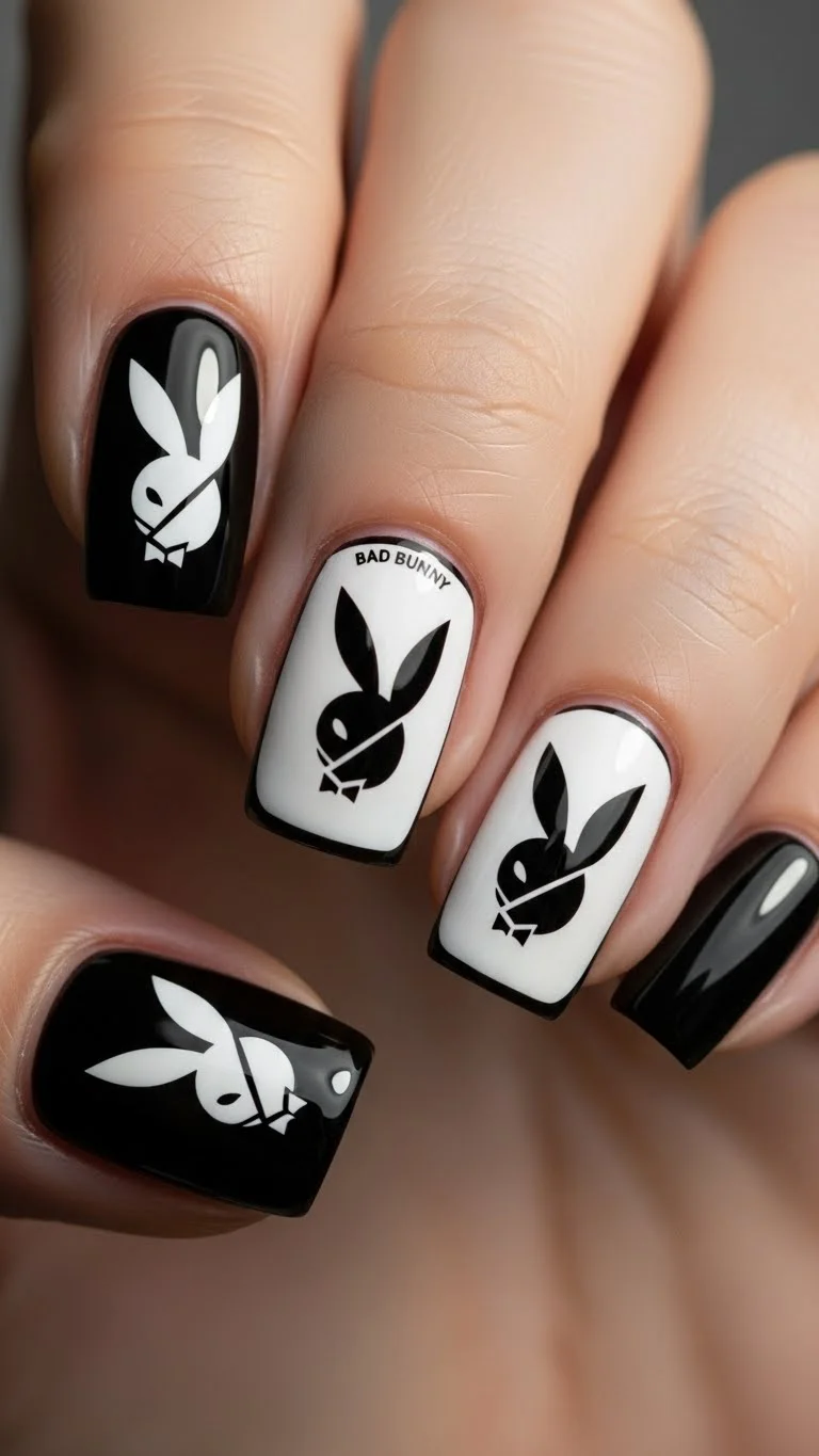 17 Bad Bunny Nails That Somehow Look Cool and Chaotic 6 Bad Bunny Logo Nail Art