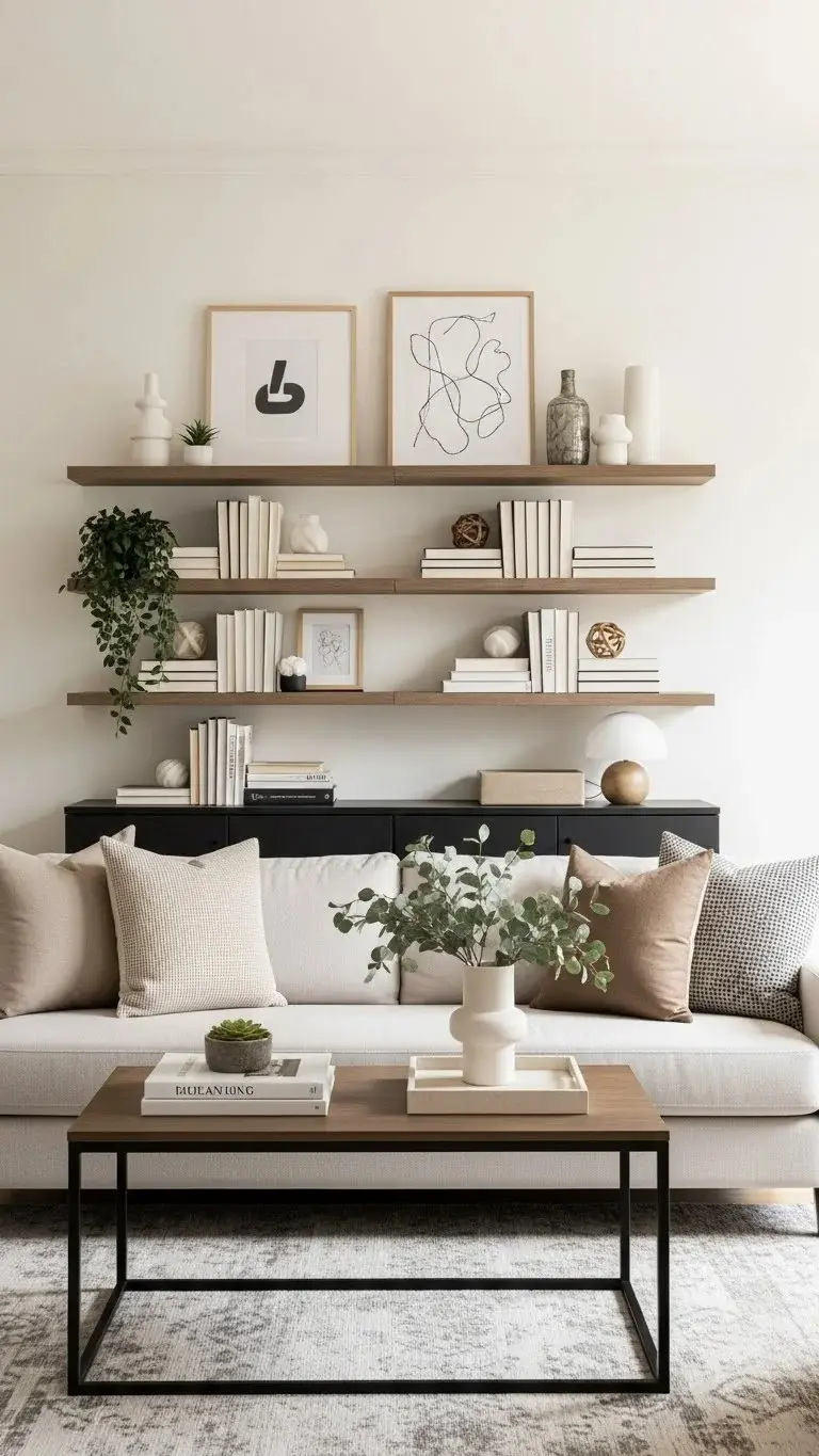 21 Built-In Living Room Shelf Ideas 2026: Transform Your Space Like a Pro 8 Behind-Sofa Console Shelving
