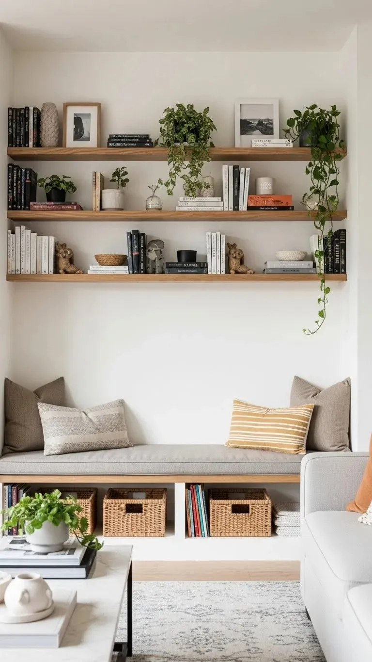 21 Built-In Living Room Shelf Ideas 2026: Transform Your Space Like a Pro 13 Bench Seating with Storage Shelves Above
