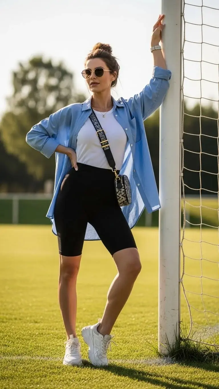 21 Soccer Mom Outfit Ideas 2026: Look Amazing at Every Game Day 7 Biker Shorts with Oversized Button-Up Shirt