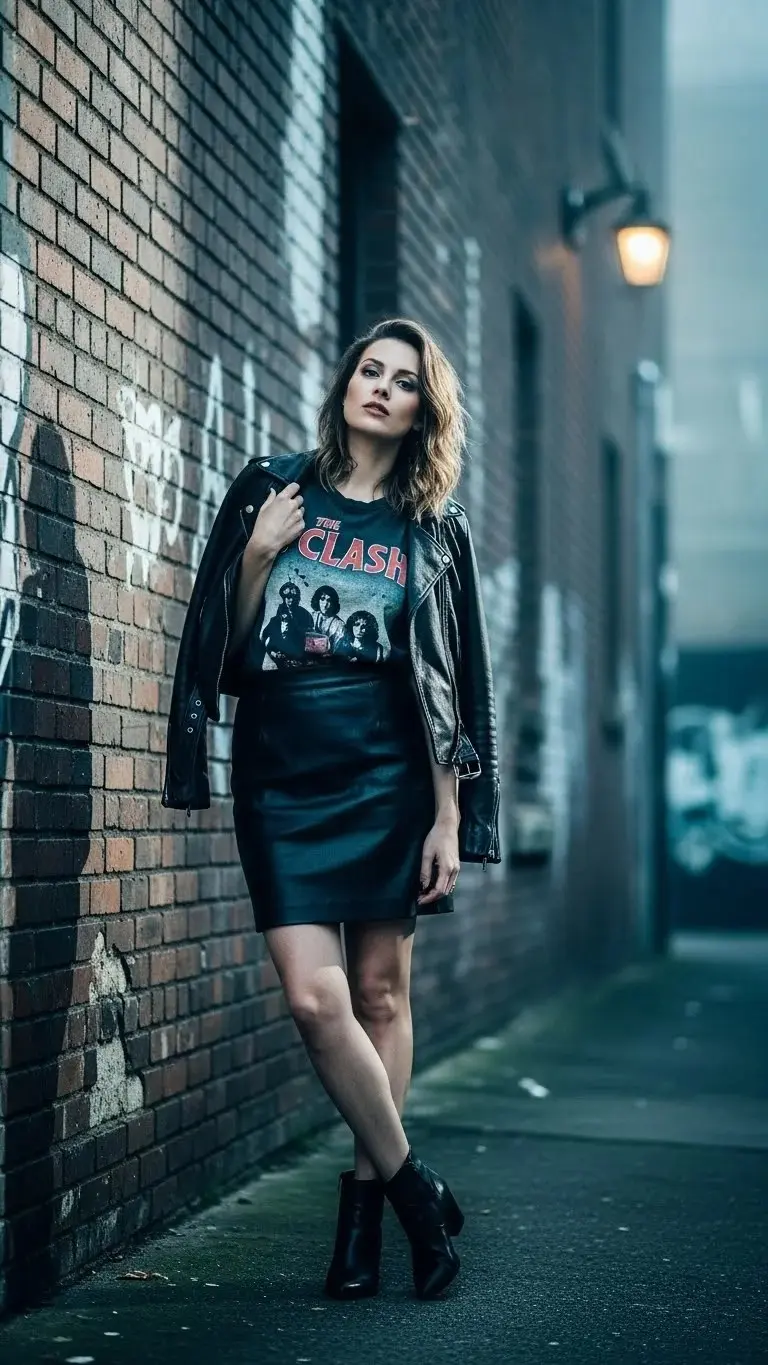 23 Cute Mini Skirt Outfits Ideas 2026: Your Ultimate Style Guide 3 Black Leather Mini Skirt with Graphic Band Tee