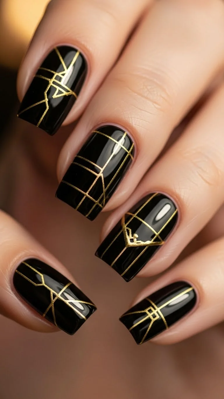 17 Bad Bunny Nails That Somehow Look Cool and Chaotic 4 Black Nails with Gold Details