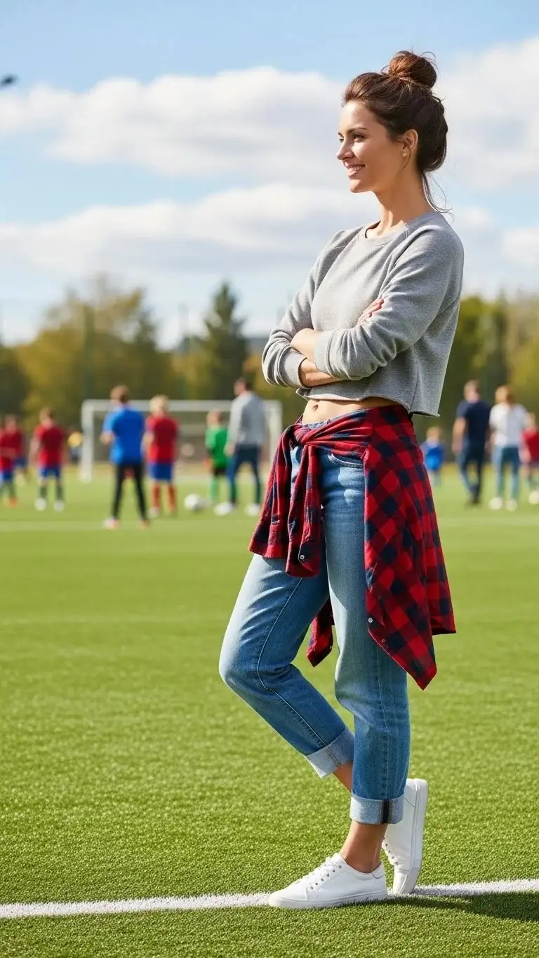 21 Soccer Mom Outfit Ideas 2026: Look Amazing at Every Game Day 16 Boyfriend Jeans with Cropped Sweatshirt