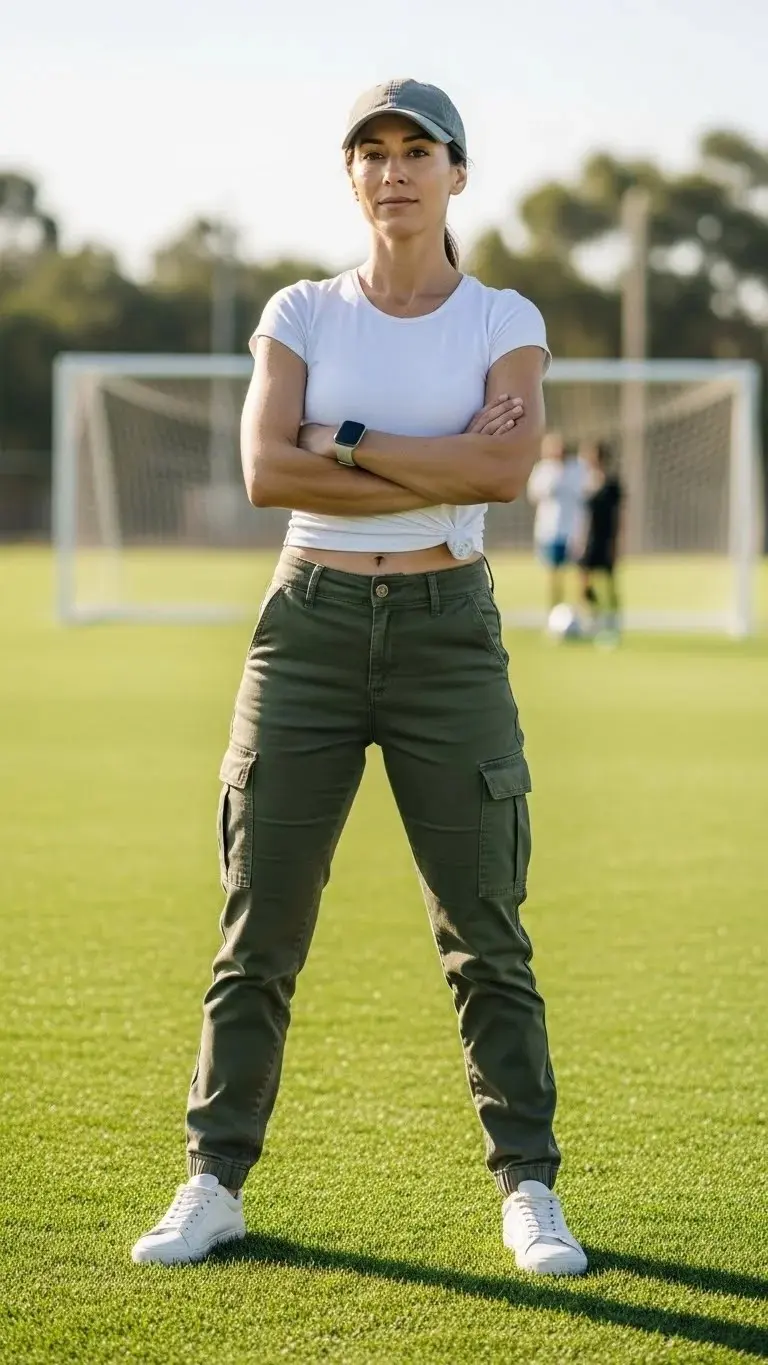 21 Soccer Mom Outfit Ideas 2026: Look Amazing at Every Game Day 10 Cargo Pants with Basic Tee