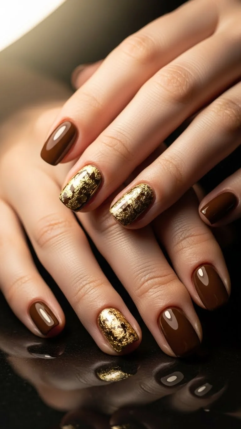 19 Simple Fall Nails Ideas That Look Expensive But Arent Yet 13 Chocolate Brown with Gold Flakes