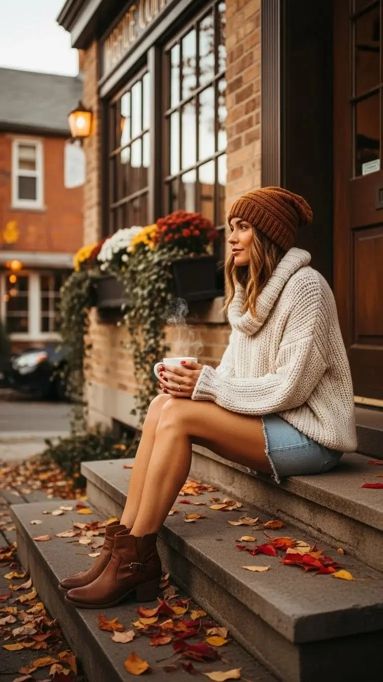 23 Cute Mini Skirt Outfits Ideas 2026: Your Ultimate Style Guide 8 Denim Mini Skirt with Chunky Knit Sweater