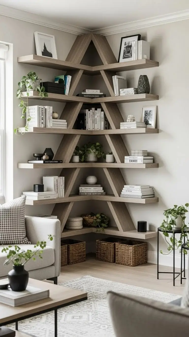 21 Built-In Living Room Shelf Ideas 2026: Transform Your Space Like a Pro 14 Diagonal Corner Shelf Configurations