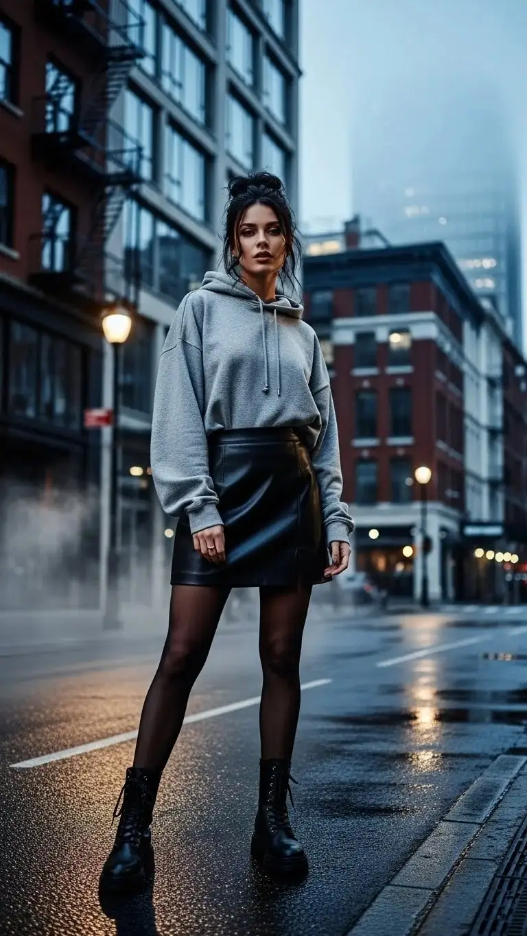 23 Cute Mini Skirt Outfits Ideas 2026: Your Ultimate Style Guide 19 Faux Leather Mini Skirt with Oversized Hoodie