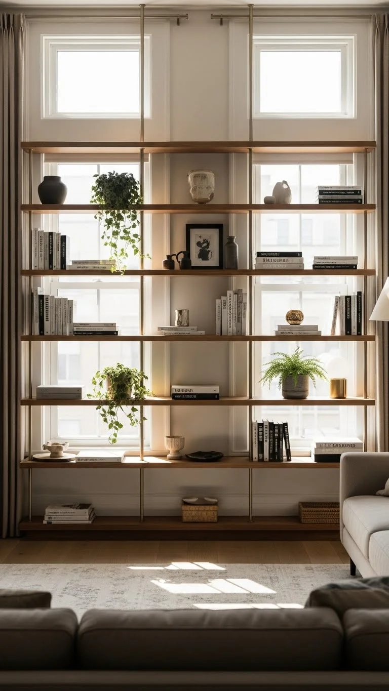 21 Built-In Living Room Shelf Ideas 2026: Transform Your Space Like a Pro 2 Floor-to-Ceiling Window Frame Shelves