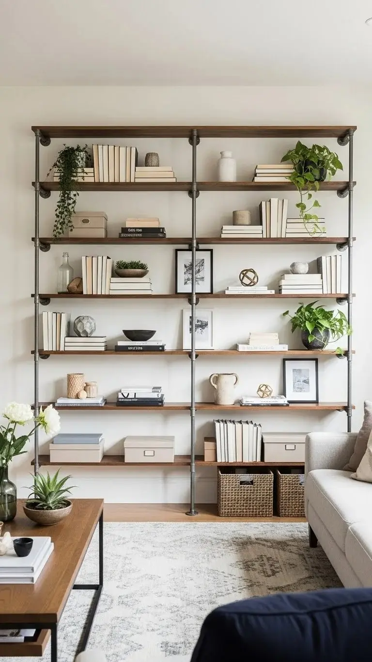 21 Built-In Living Room Shelf Ideas 2026: Transform Your Space Like a Pro 20 Industrial Pipe and Wood Shelf Hybrids