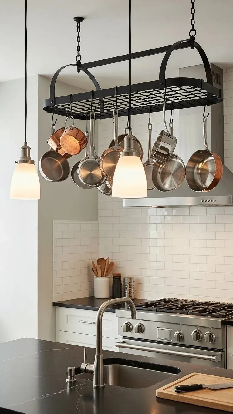 25 Small Kitchen Ideas 2026: Transform Your Tiny Space Into a Chef's Paradise 9 Install a Pot Rack Above the Island