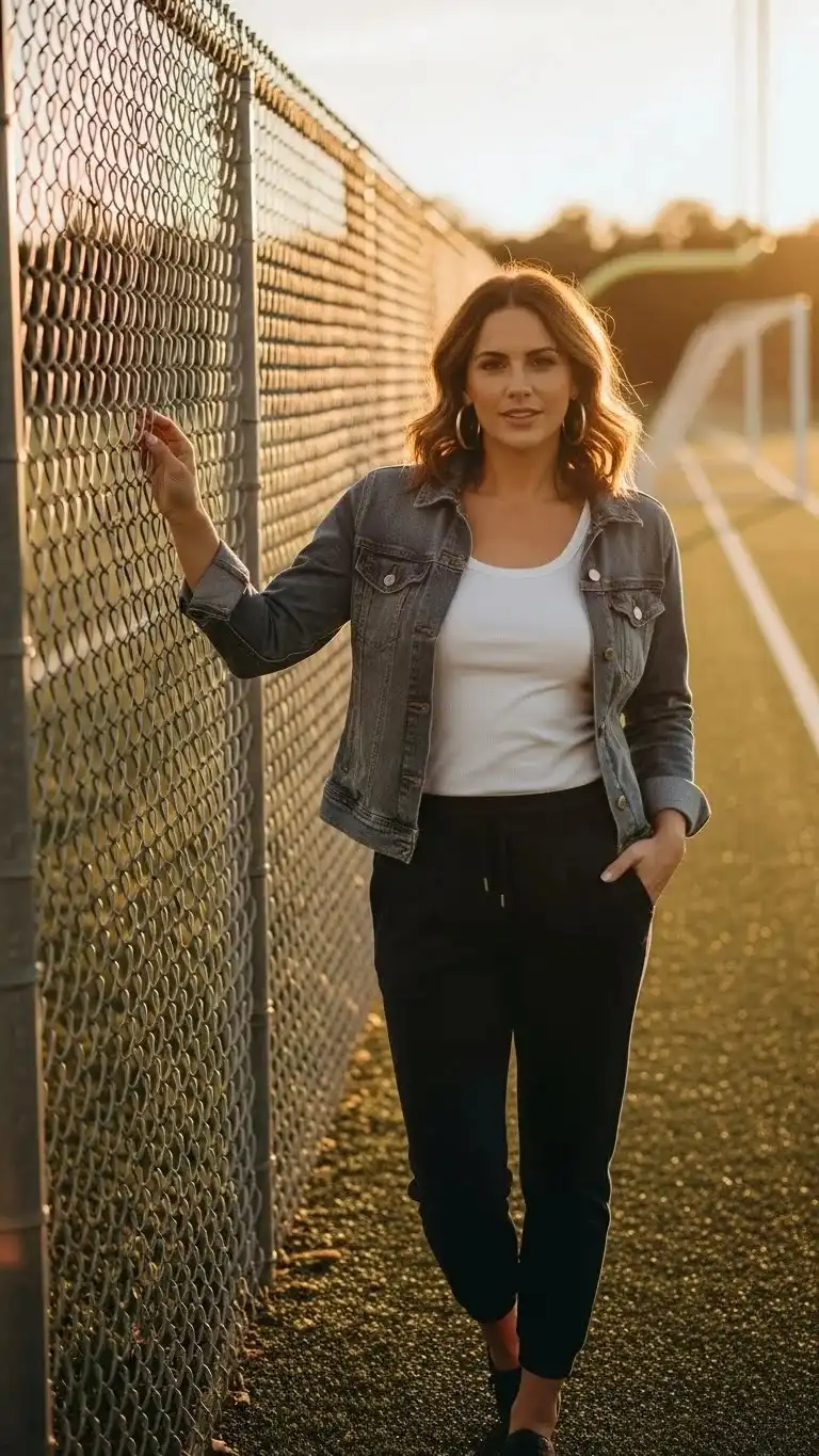 21 Soccer Mom Outfit Ideas 2026: Look Amazing at Every Game Day 5 Joggers and Tank Top with Denim Jacket