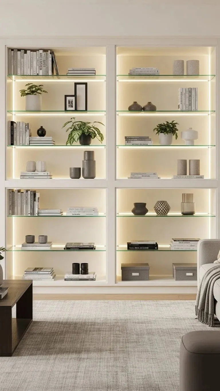 21 Built-In Living Room Shelf Ideas 2026: Transform Your Space Like a Pro 19 LED-Lit Glass Display Shelves