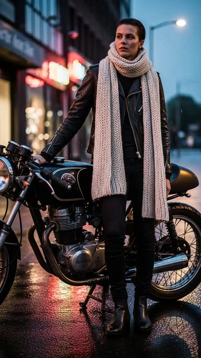 21 Casual Winter Outfit Ideas 2026: Stay Warm and Look Amazing This Season 16 Leather Jacket with Knit Scarf