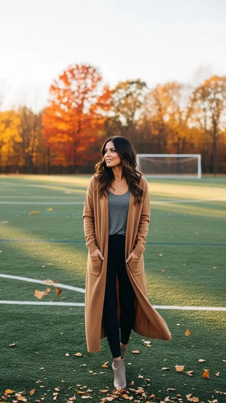 21 Soccer Mom Outfit Ideas 2026: Look Amazing at Every Game Day 11 Leggings with Long Cardigan Duster