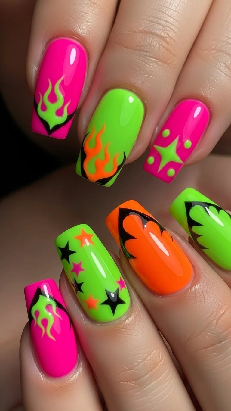 17 Bad Bunny Nails That Somehow Look Cool and Chaotic 17 Matte Neon with Glossy Accents