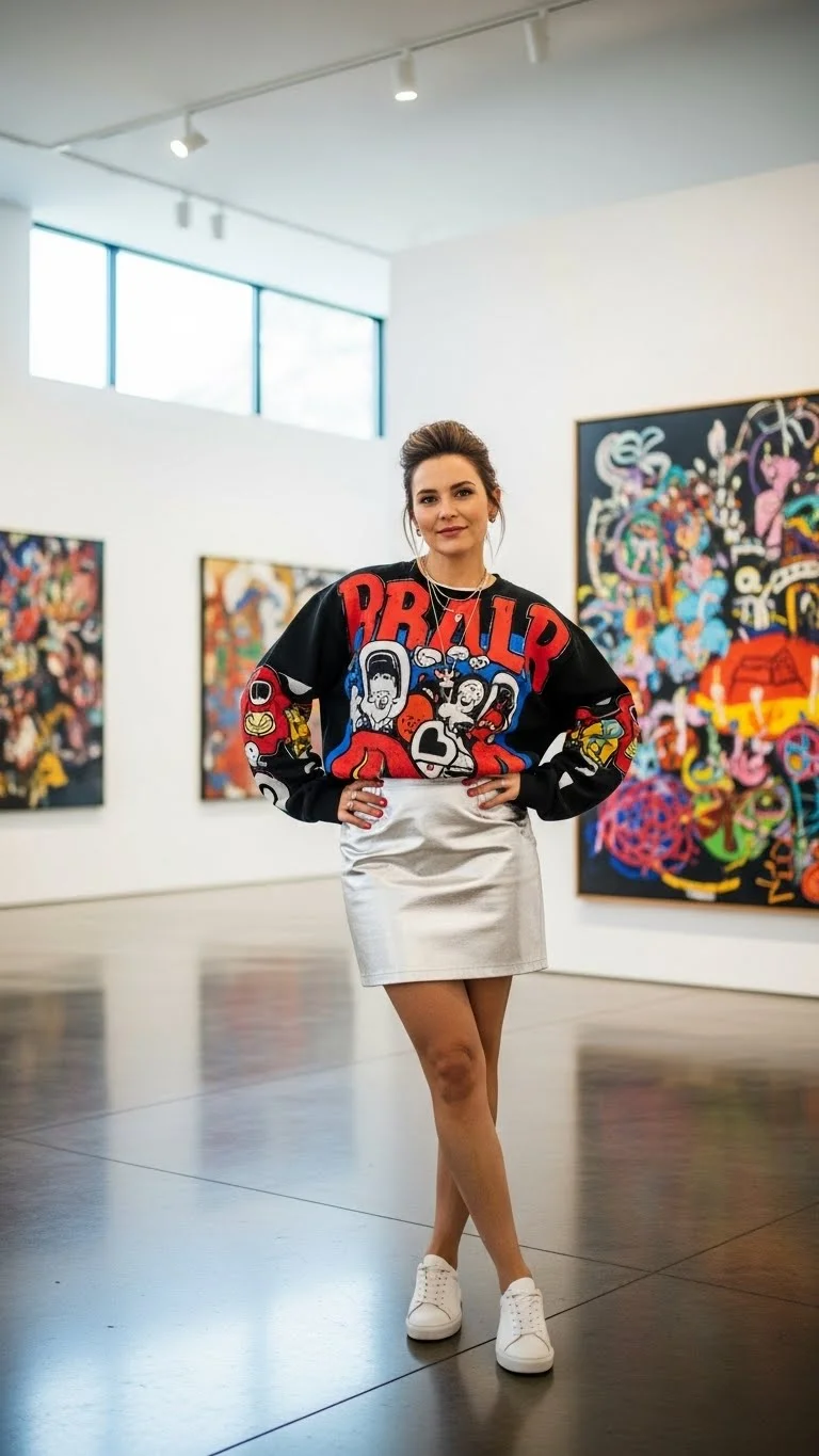 23 Cute Mini Skirt Outfits Ideas 2026: Your Ultimate Style Guide 16 Metallic Mini Skirt with Graphic Sweatshirt