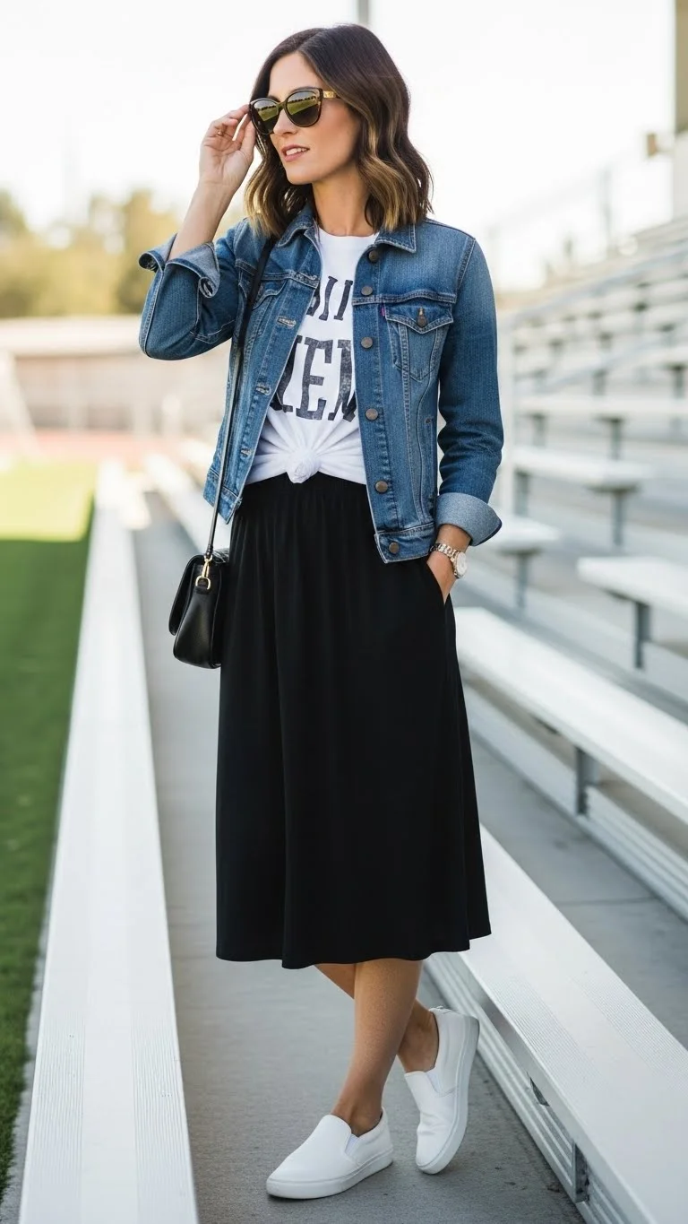 21 Soccer Mom Outfit Ideas 2026: Look Amazing at Every Game Day 18 Midi Skirt with Graphic Tee