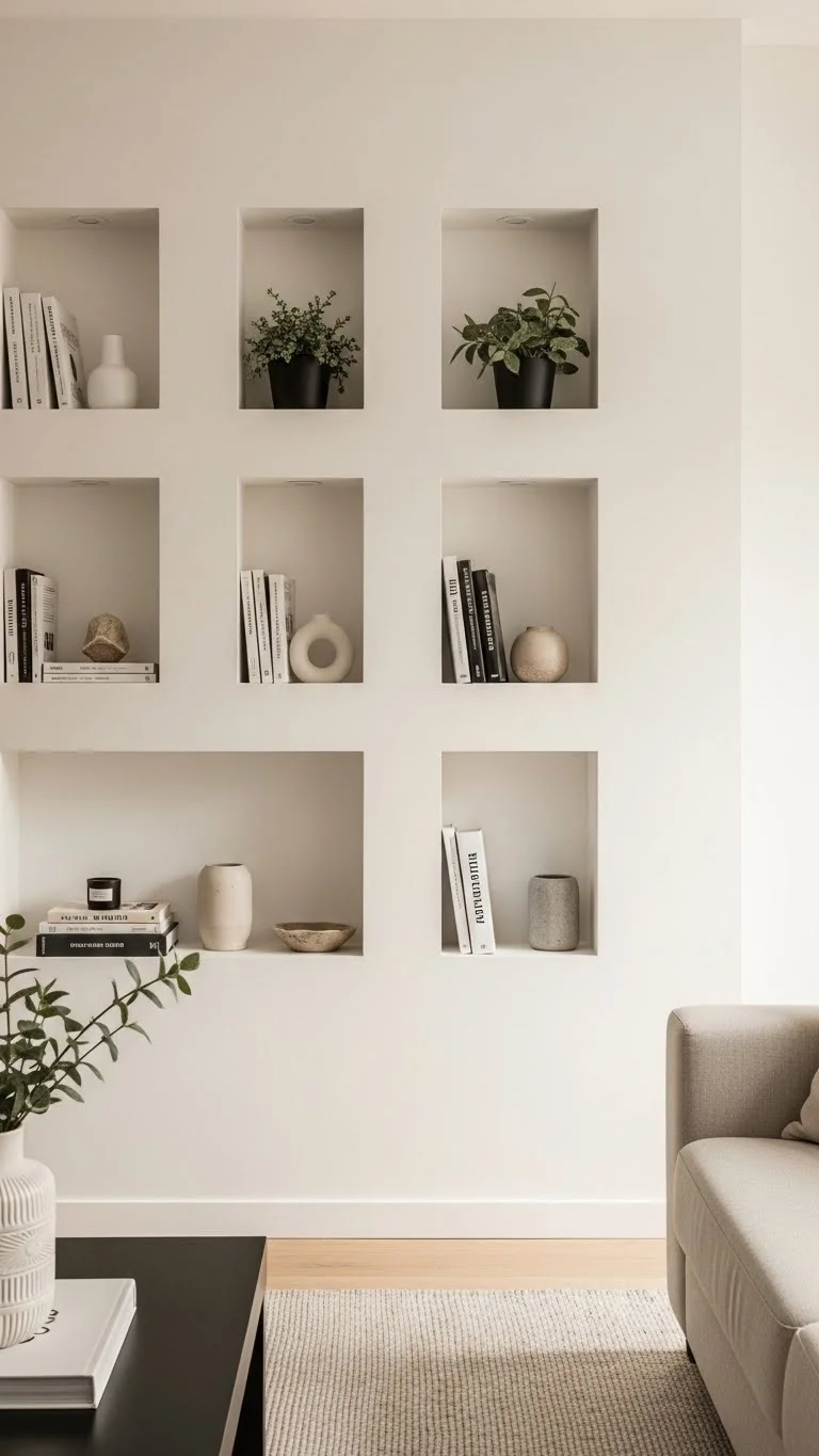 21 Built-In Living Room Shelf Ideas 2026: Transform Your Space Like a Pro 10 Minimalist Recessed Wall Niches