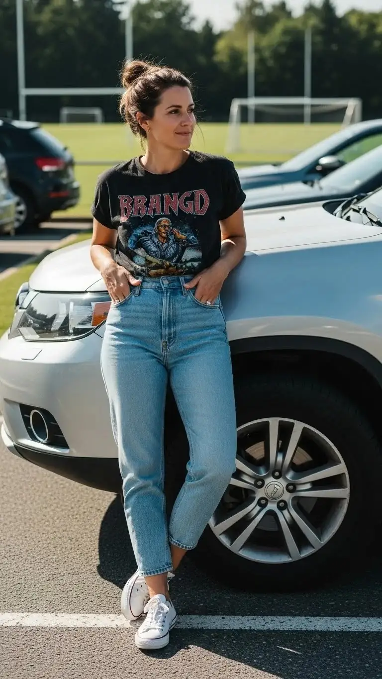 21 Soccer Mom Outfit Ideas 2026: Look Amazing at Every Game Day 4 Mom Jeans with Graphic Tee