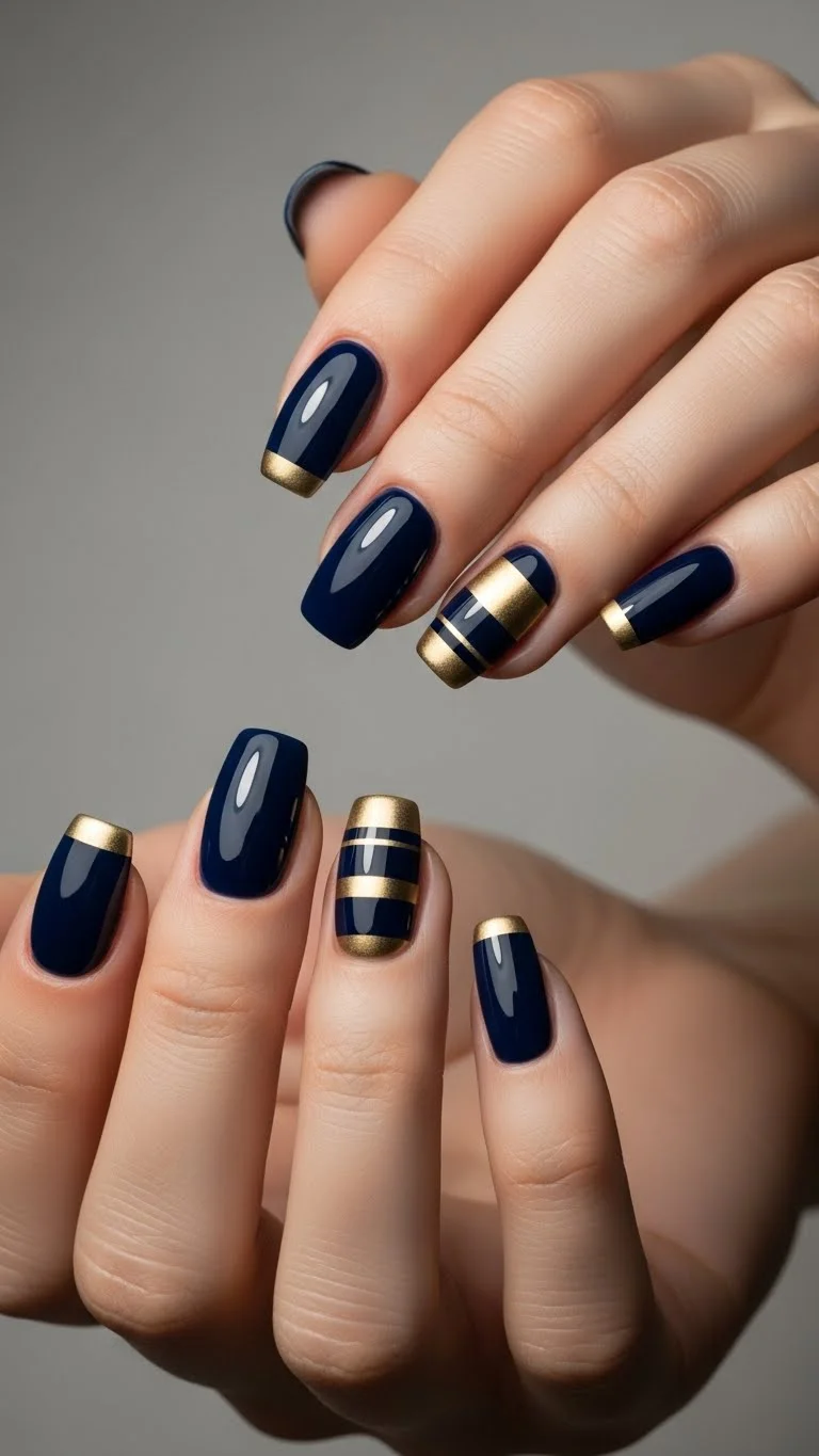 19 Acrylic Nail Ideas That'll Make Your Hands Pop in 2026 6 Navy and Gold Glam for Evenings
