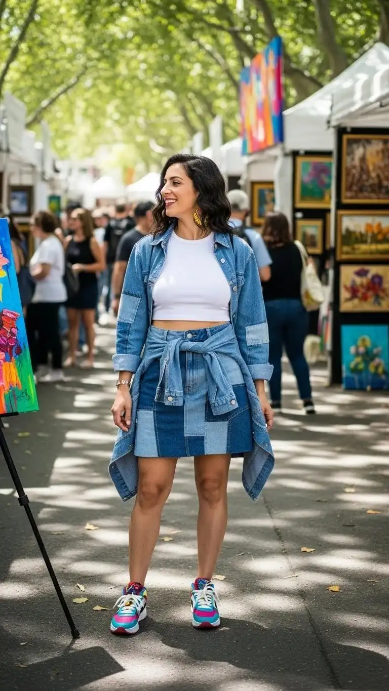 23 Cute Mini Skirt Outfits Ideas 2026: Your Ultimate Style Guide 22 Patchwork Denim Mini Skirt with Crop Top