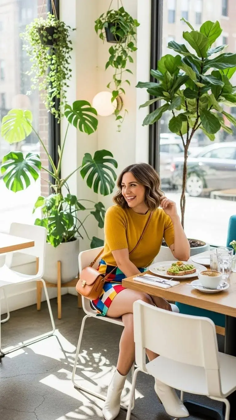 23 Cute Mini Skirt Outfits Ideas 2026: Your Ultimate Style Guide 24 Printed Mini Skirt with Solid Color Knit Top