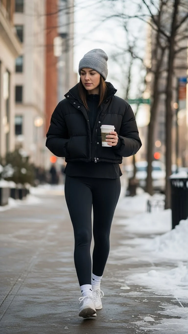 21 Casual Winter Outfit Ideas 2026: Stay Warm and Look Amazing This Season 3 Puffer Jacket with Leggings and Sneakers