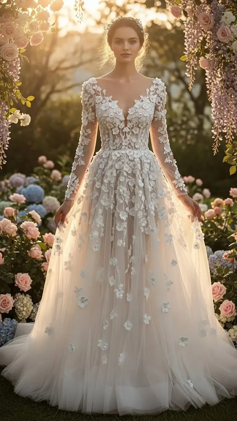 19 Long Sleeve Wedding Dress Ideas for 2026: Your Ultimate Guide to Elegant Bridal Style 12 Sheer Long Sleeve with Floral Appliqués