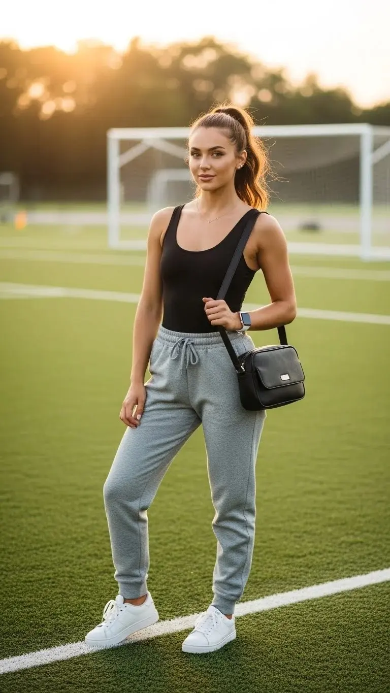 21 Soccer Mom Outfit Ideas 2026: Look Amazing at Every Game Day 17 Sweatpants with Bodysuit and Sneakers