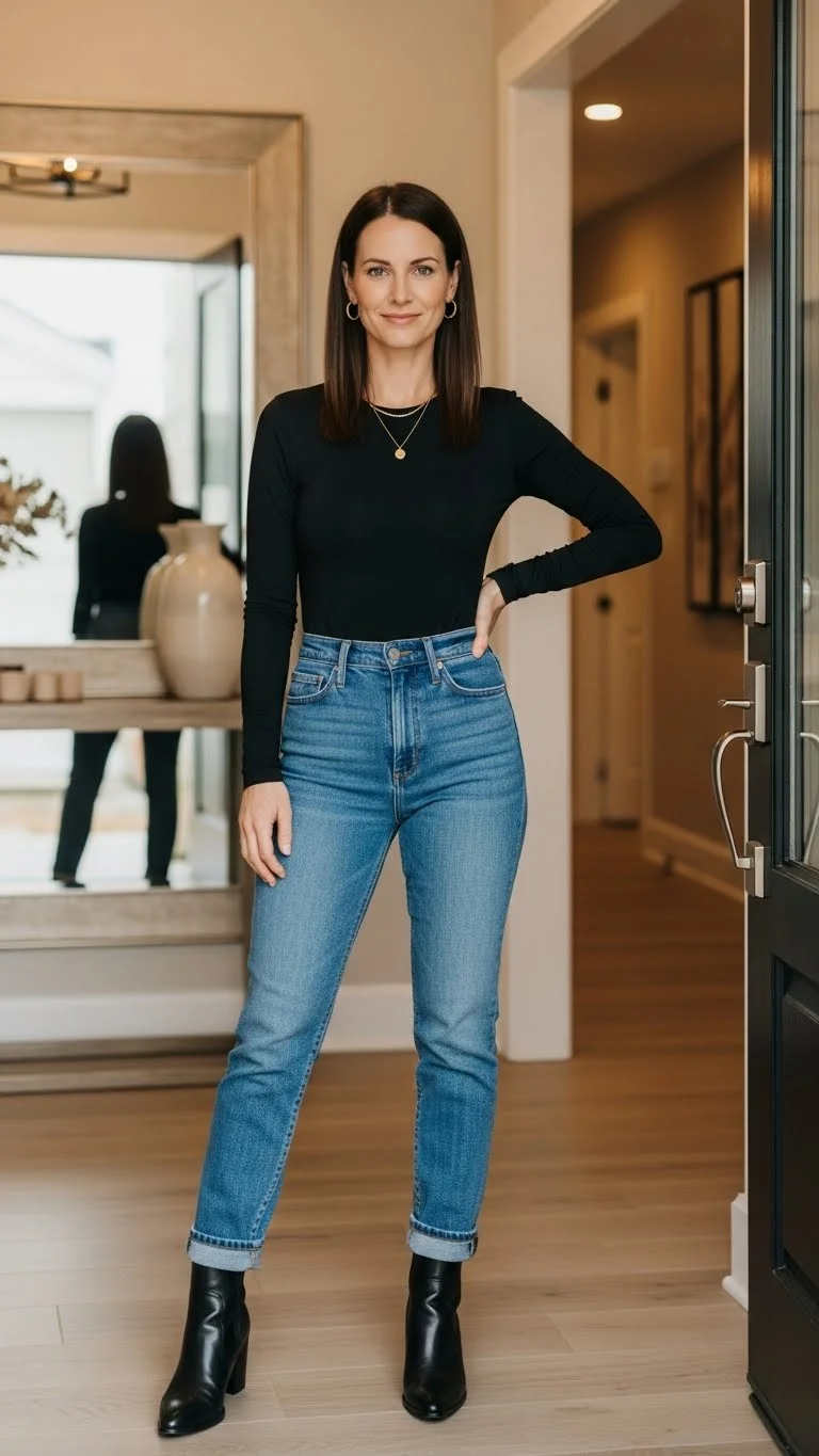 20 Simple Mom Outfit Ideas 2026: Easy Styles That Actually Work (No Stress Required) 13 The Bodysuit and Jeans Sleek Option