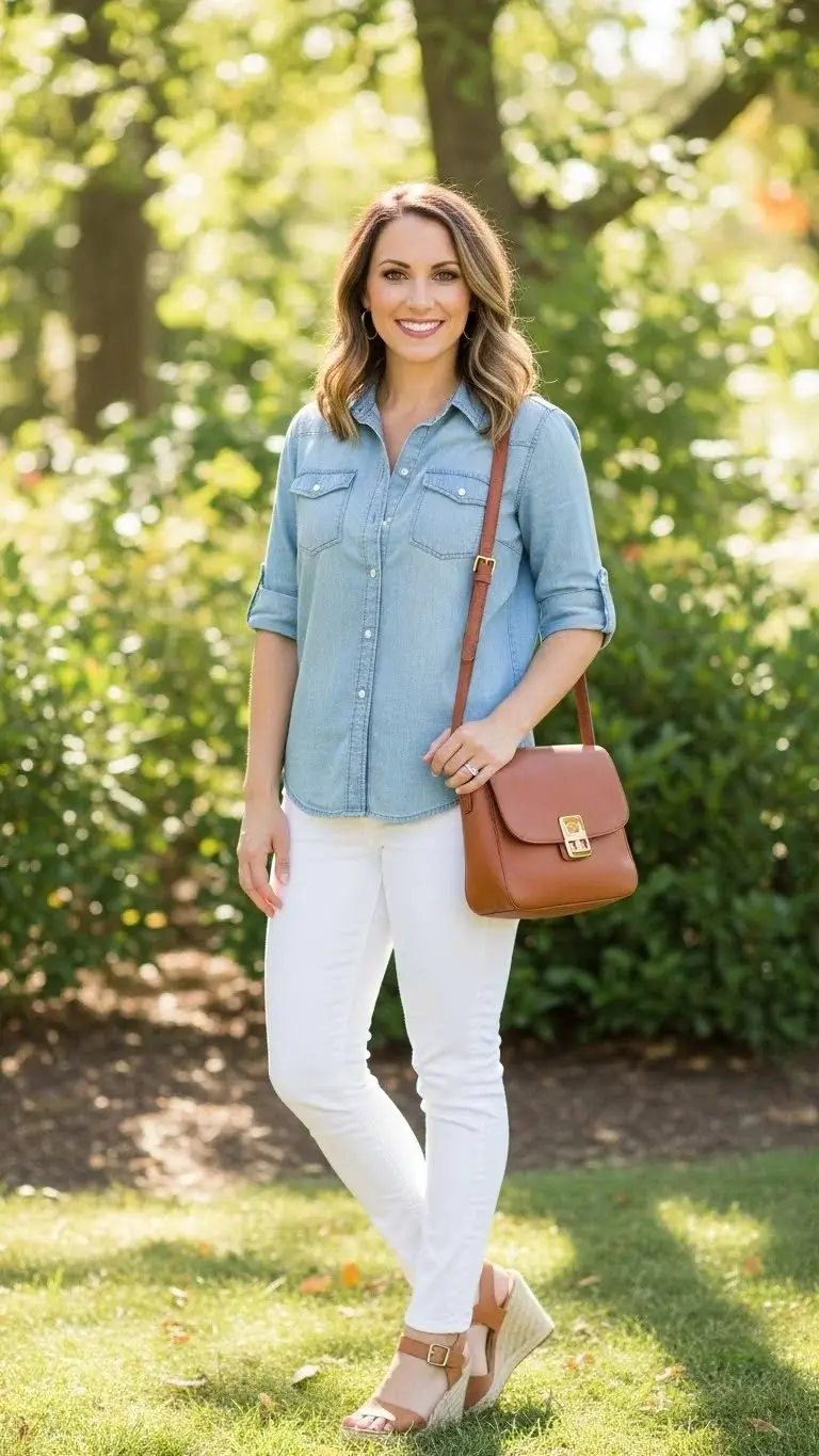 20 Simple Mom Outfit Ideas 2026: Easy Styles That Actually Work (No Stress Required) 21 The Chambray Shirt and White Jeans Fresh Look