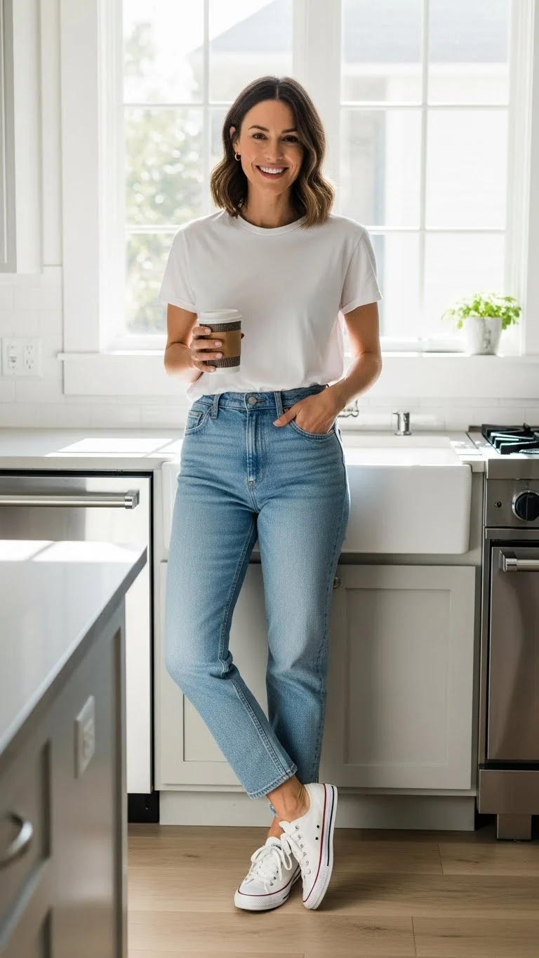 20 Simple Mom Outfit Ideas 2026: Easy Styles That Actually Work (No Stress Required) 2 The Classic White Tee and Mom Jeans Combo