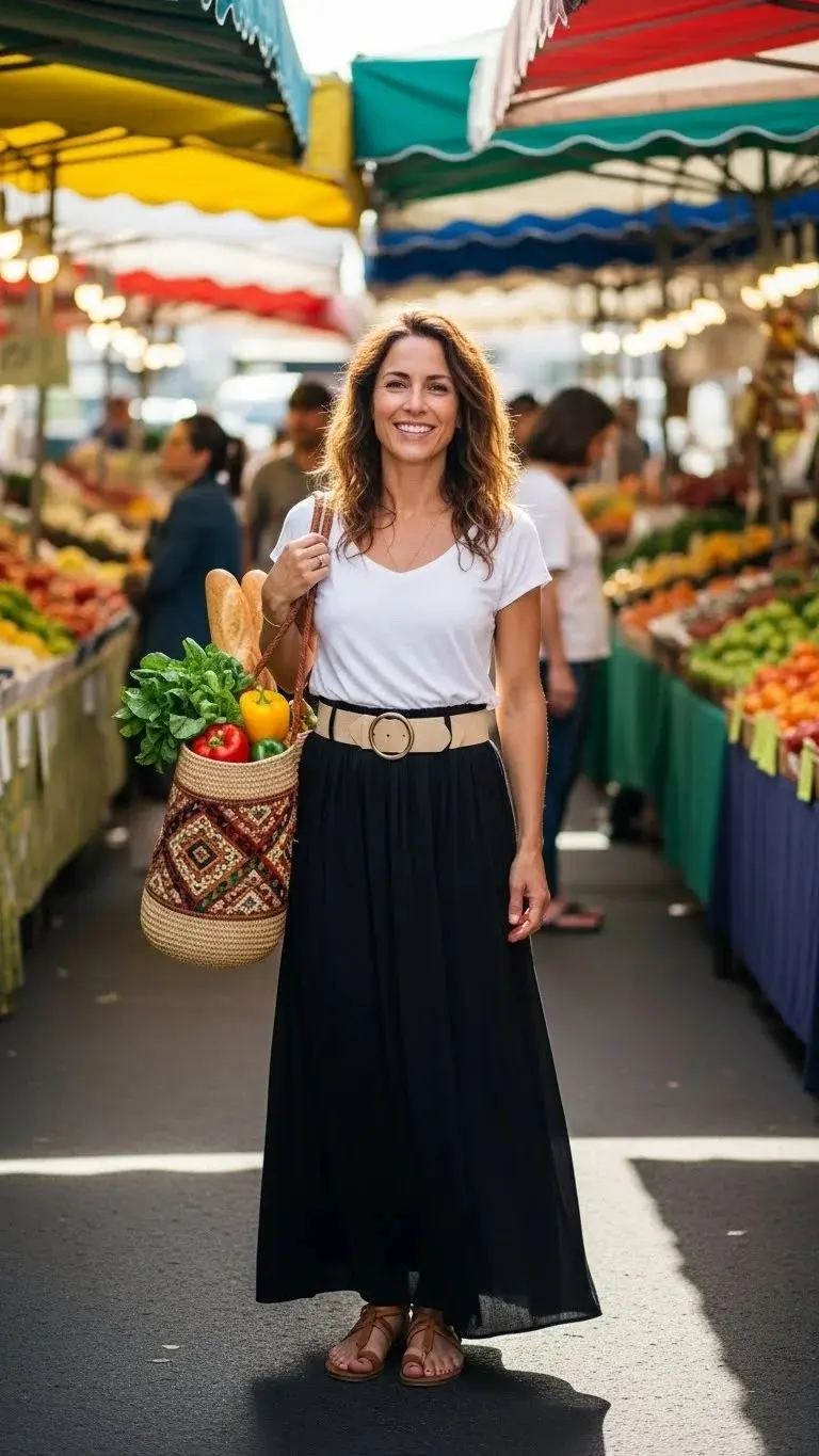 20 Simple Mom Outfit Ideas 2026: Easy Styles That Actually Work (No Stress Required) 14 The Maxi Skirt and Tee Effortless Look