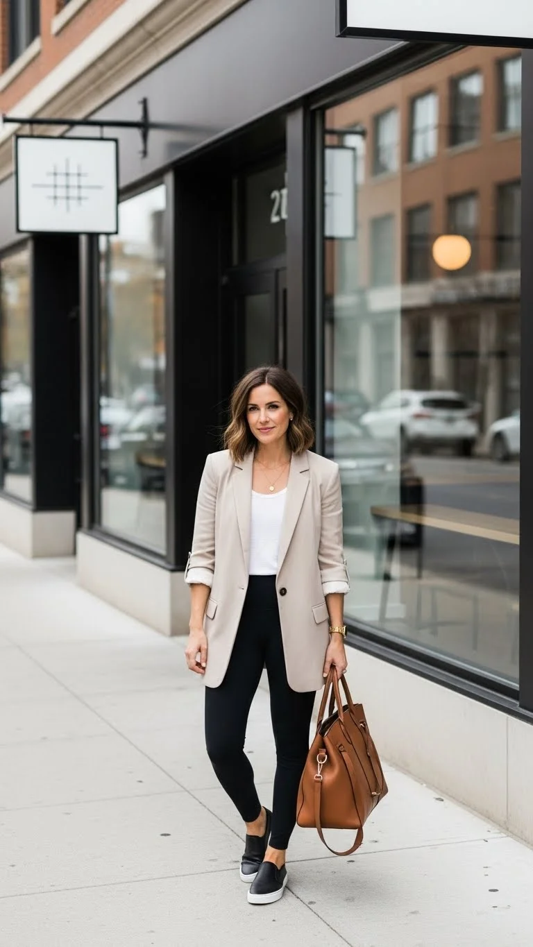 20 Simple Mom Outfit Ideas 2026: Easy Styles That Actually Work (No Stress Required) 3 The Oversized Blazer and Leggings Power Move