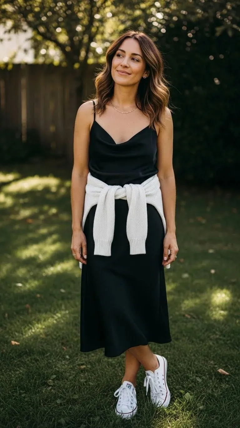 20 Simple Mom Outfit Ideas 2026: Easy Styles That Actually Work (No Stress Required) 17 The Slip Dress and Sneakers Mix