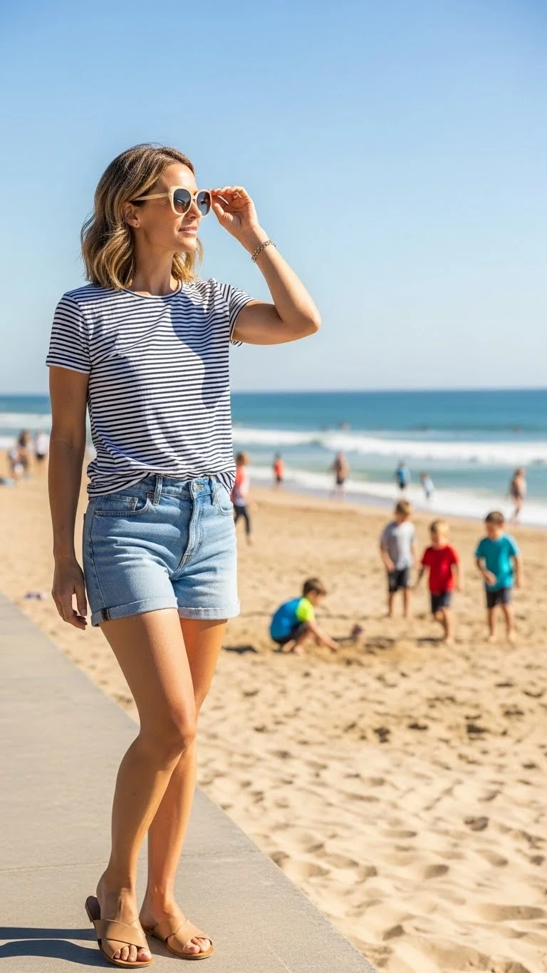 20 Simple Mom Outfit Ideas 2026: Easy Styles That Actually Work (No Stress Required) 10 The Striped Shirt and Denim Shorts Summer Staple