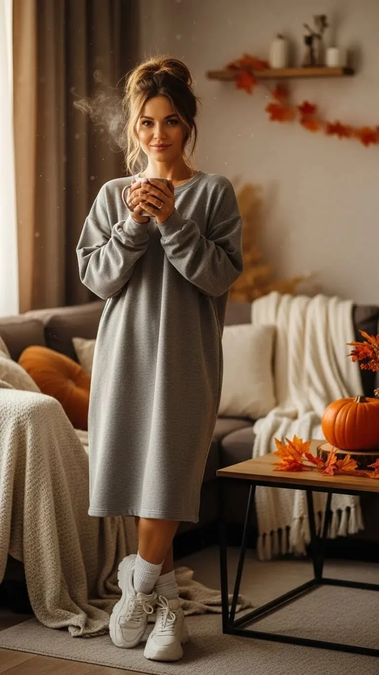 20 Simple Mom Outfit Ideas 2026: Easy Styles That Actually Work (No Stress Required) 19 The Sweatshirt Dress One-Piece Wonder