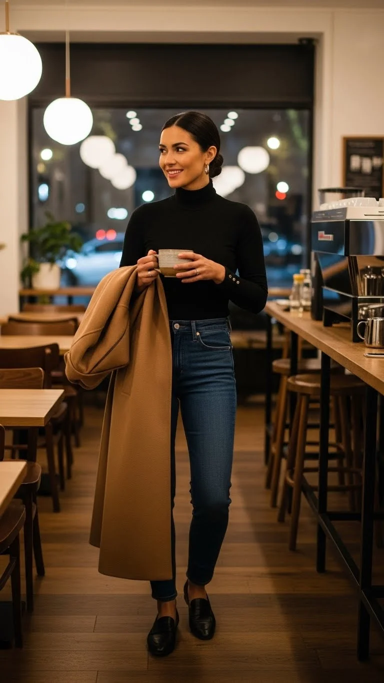 20 Simple Mom Outfit Ideas 2026: Easy Styles That Actually Work (No Stress Required) 18 The Turtleneck and Jeans Sophisticated Simple