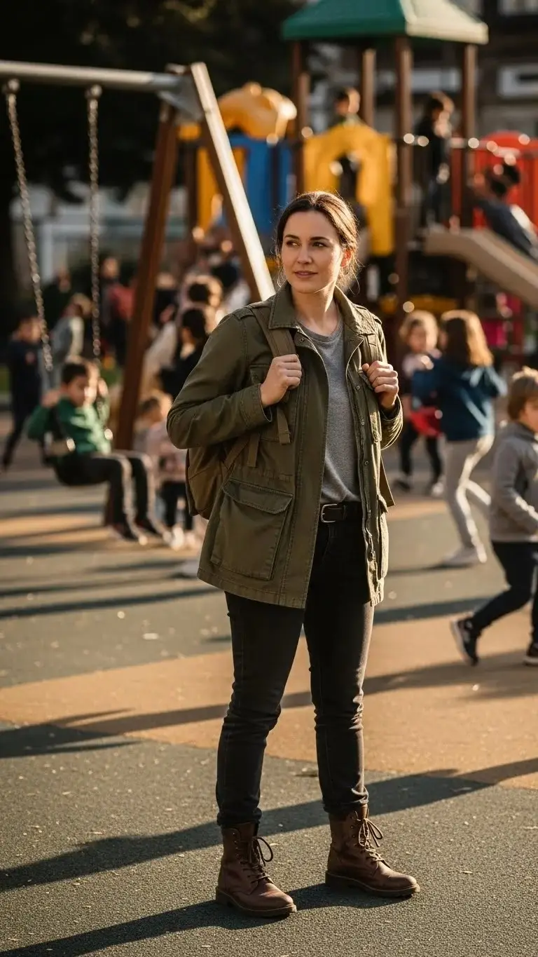 20 Simple Mom Outfit Ideas 2026: Easy Styles That Actually Work (No Stress Required) 16 The Utility Jacket and Tee Functional Fashion