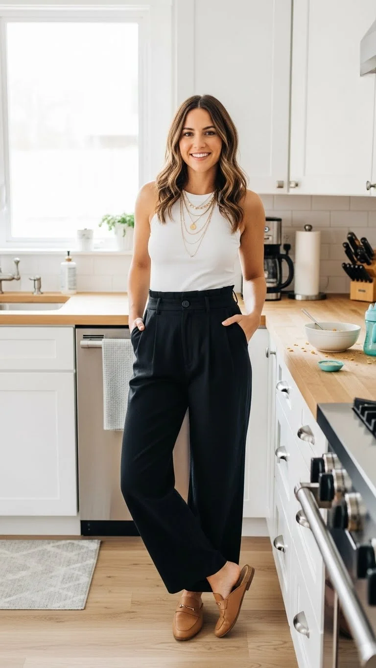 20 Simple Mom Outfit Ideas 2026: Easy Styles That Actually Work (No Stress Required) 20 The Wide-Leg Pants and Fitted Top Balance