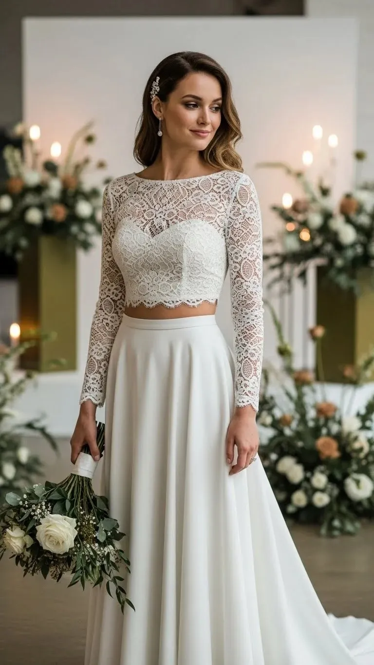 19 Long Sleeve Wedding Dress Ideas for 2026: Your Ultimate Guide to Elegant Bridal Style 9 Two-Piece Long Sleeve Wedding Set