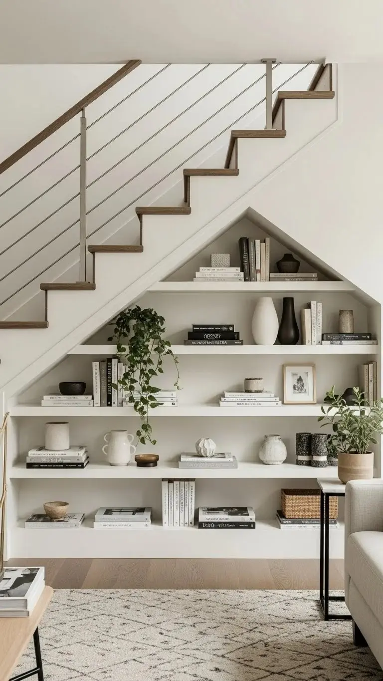 21 Built-In Living Room Shelf Ideas 2026: Transform Your Space Like a Pro 7 Under-Staircase Custom Shelving