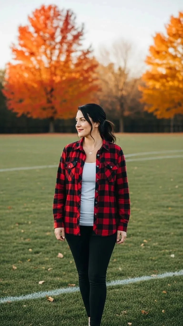 21 Soccer Mom Outfit Ideas 2026: Look Amazing at Every Game Day 21 Flannel Shirt with Leggings