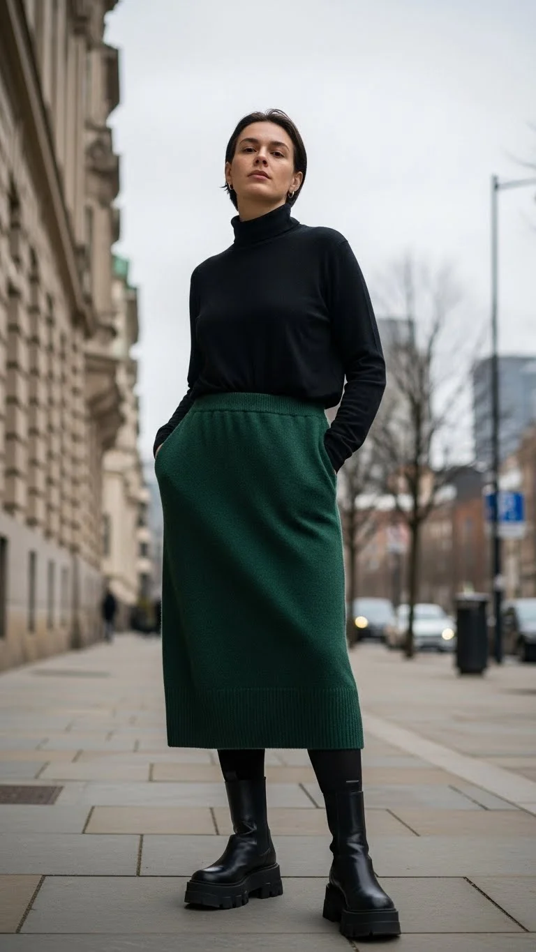 21 Casual Winter Outfit Ideas 2026: Stay Warm and Look Amazing This Season 9 Midi Skirt with Chunky Boots