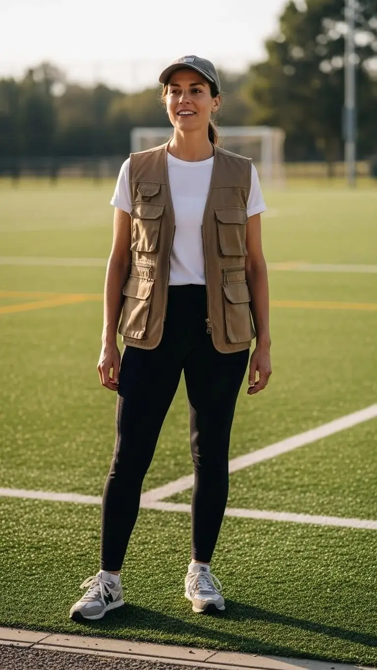 21 Soccer Mom Outfit Ideas 2026: Look Amazing at Every Game Day 19 Utility Vest Over Basic Outfit