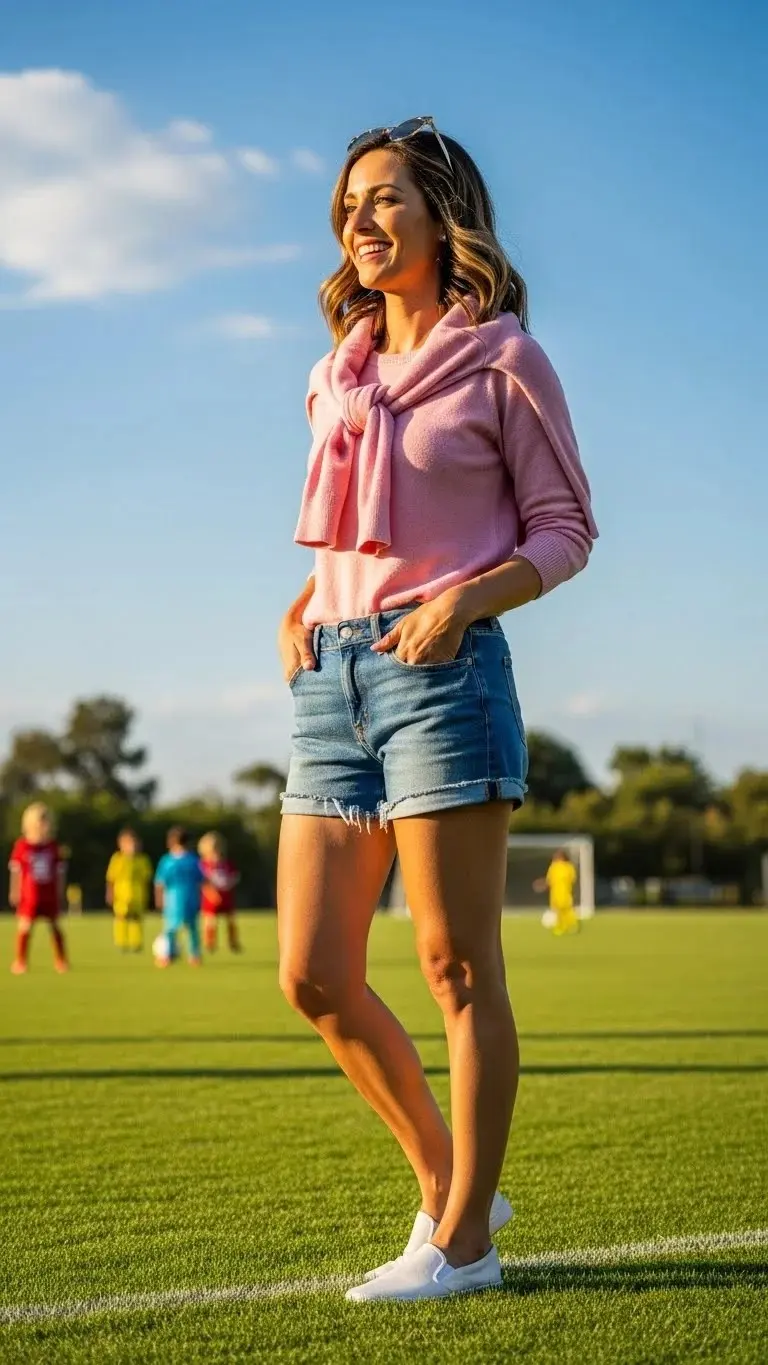 21 Soccer Mom Outfit Ideas 2026: Look Amazing at Every Game Day 12 Denim Shorts with Lightweight Sweater