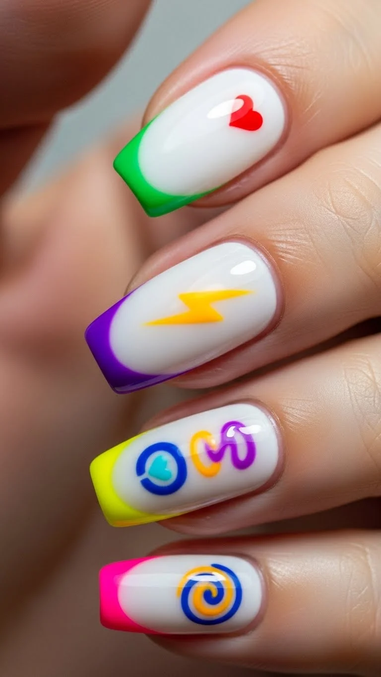 17 Bad Bunny Nails That Somehow Look Cool and Chaotic 12 White Nails with Colorful Tips